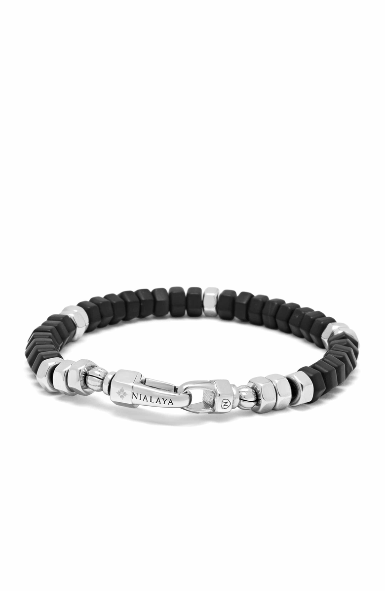 Nialaya Hexagon Black Onyx Beaded Bracelet, Main, color, Black Onyx / Silver