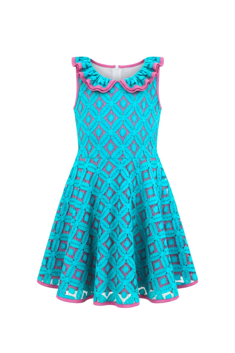 Lacey Scallop Trim Party Dress, Main, color, Blue-Green