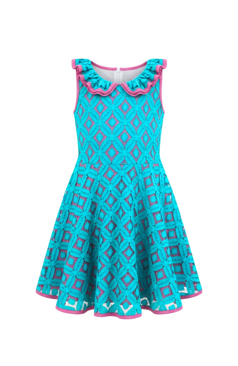 Mia Belle Girls Lacey Scallop Trim Party Dress, Main, color, Blue-Green