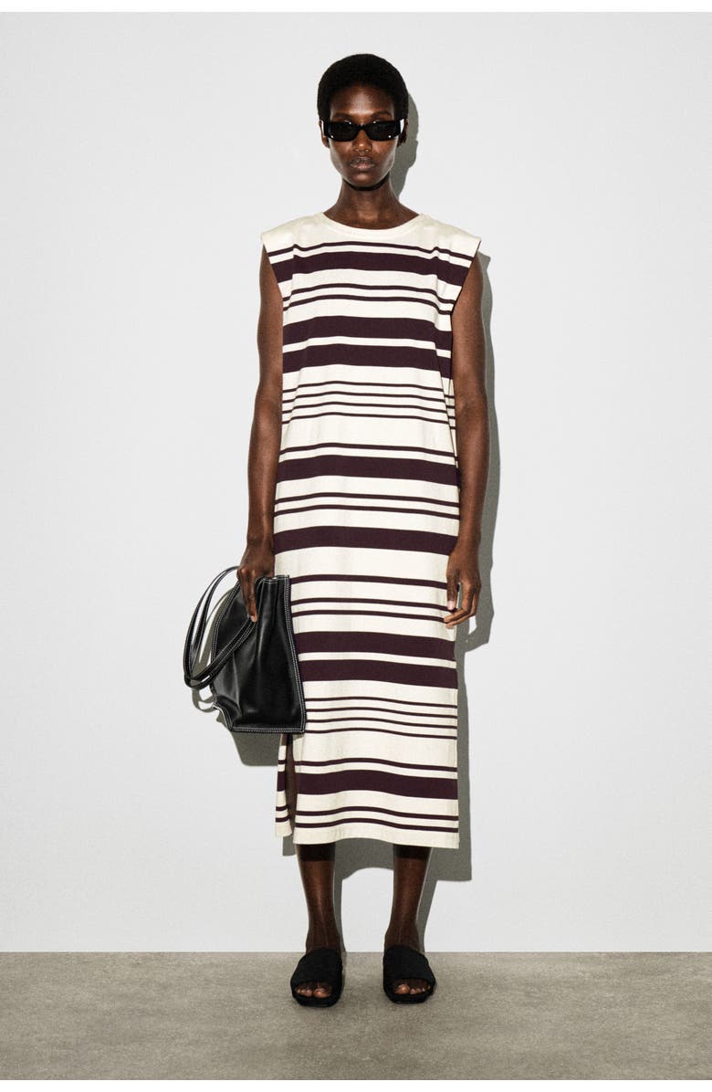 COS Folded-shoulder Cotton-jersey Midi Dress, Main, color, White / Brown / Striped