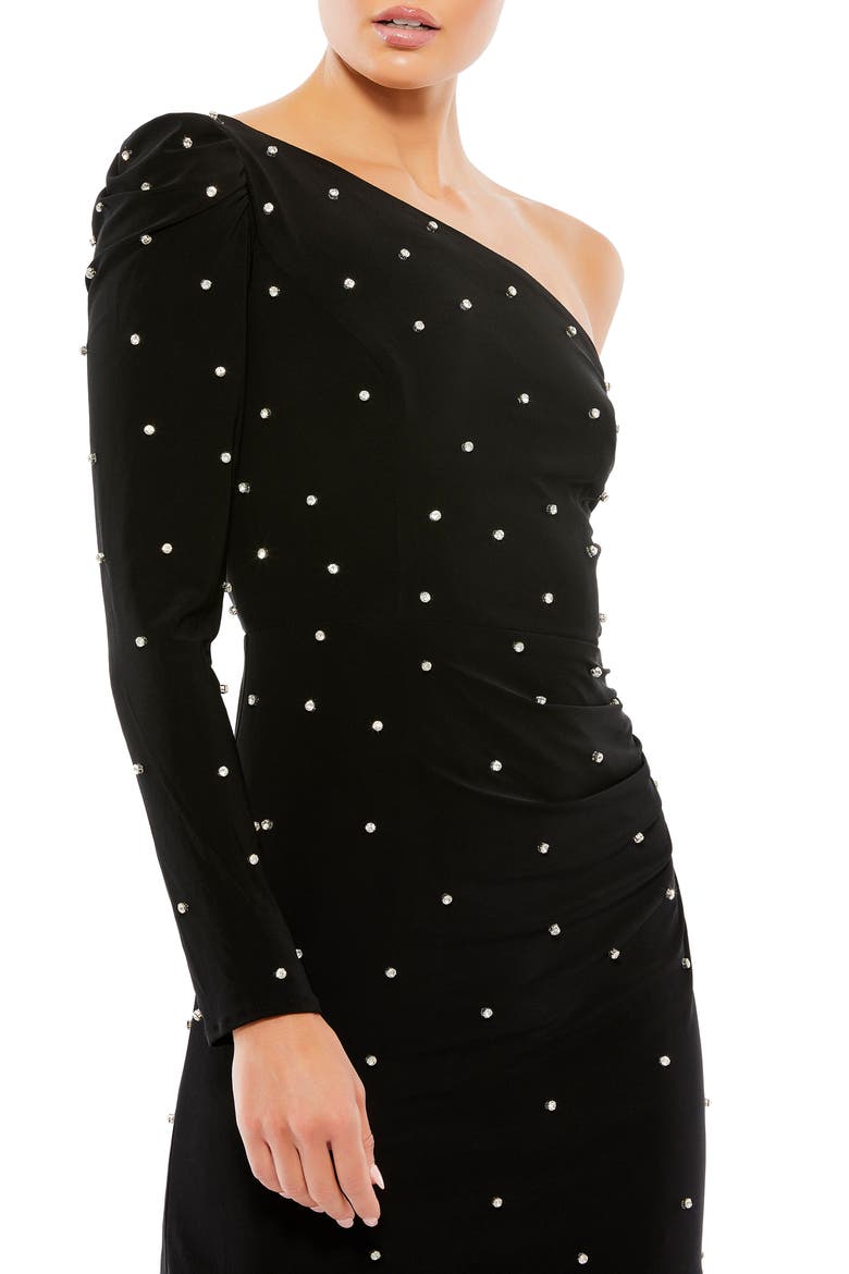 Rhinestone Encrusted One Shoulder Long Sleeve Mini Dress, Alternate, color, BLACK