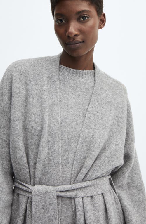 Mango Longline Tie Belt Cardigan In Grey