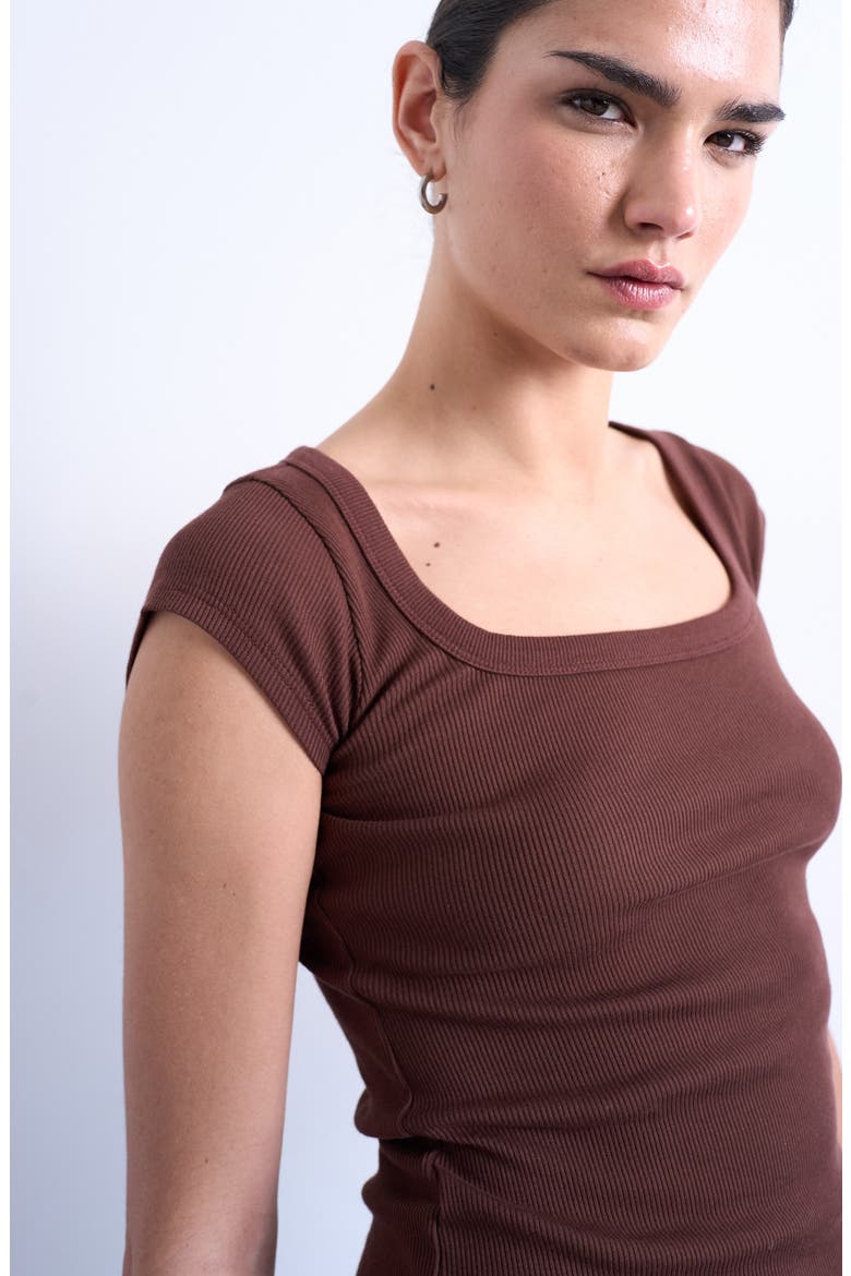 Square Neck Cap Sleeve Stretch Cotton Rib Top, Alternate, color, BROWN