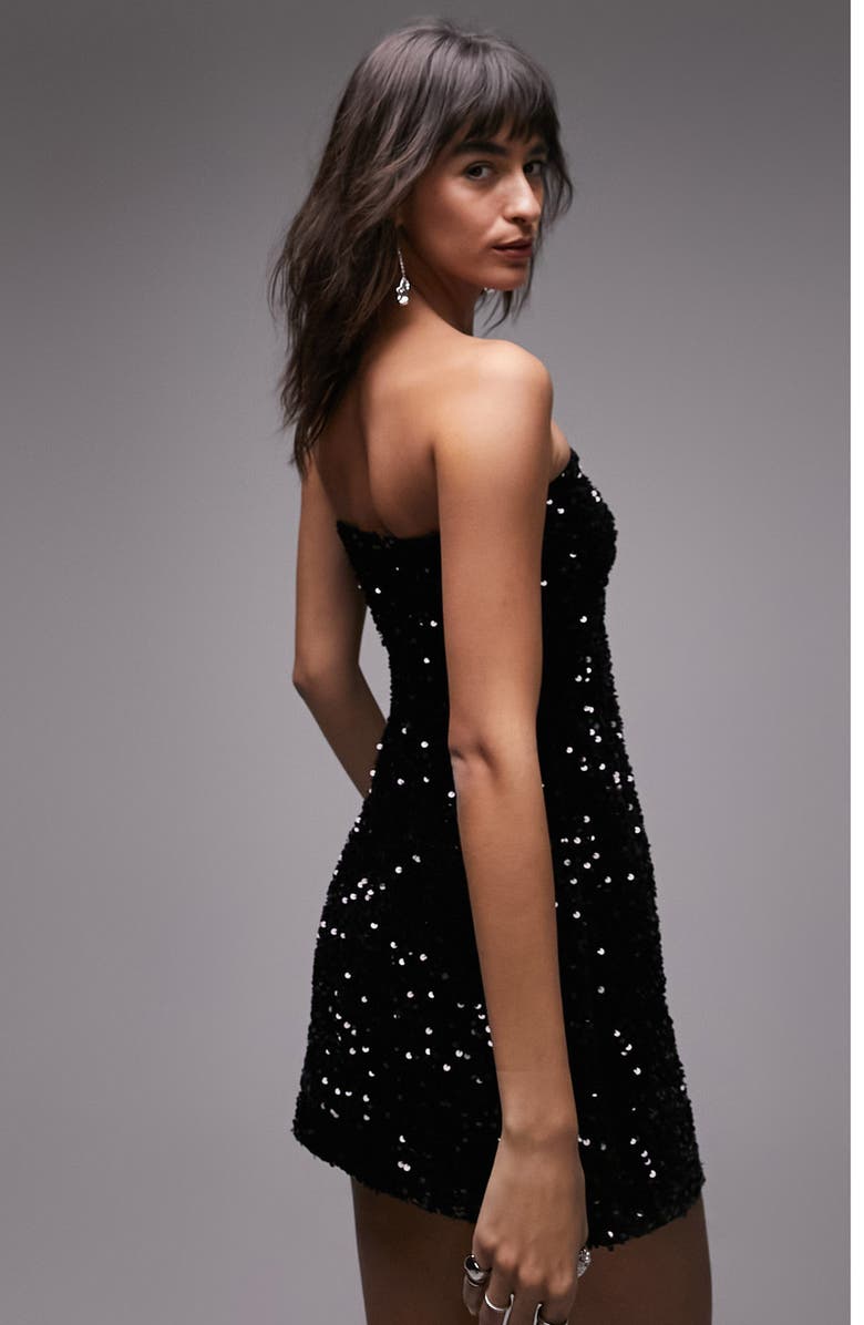 Topshop Sequin Strapless Minidress, Alternate, color, Black