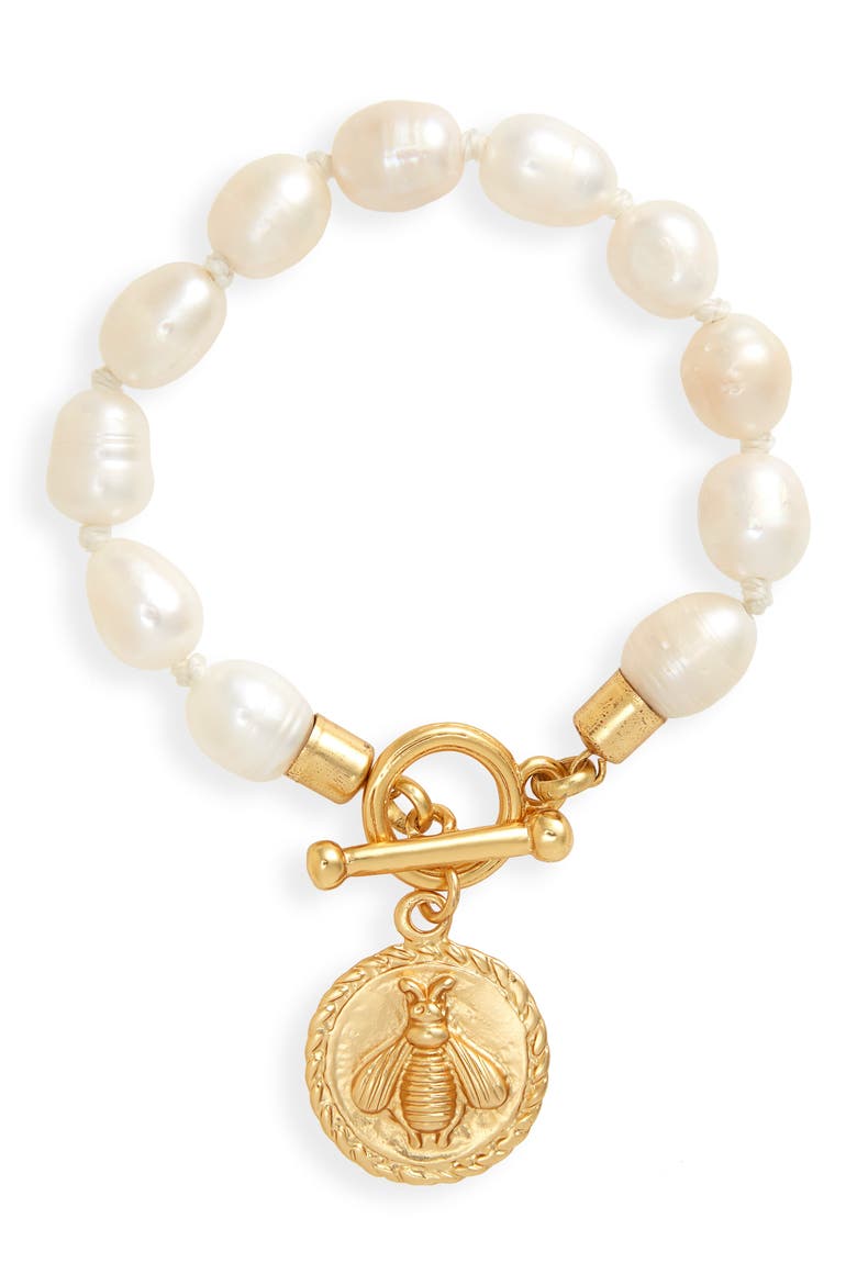 Bee Charm Pearl Bracelet, Main, color, GOLD