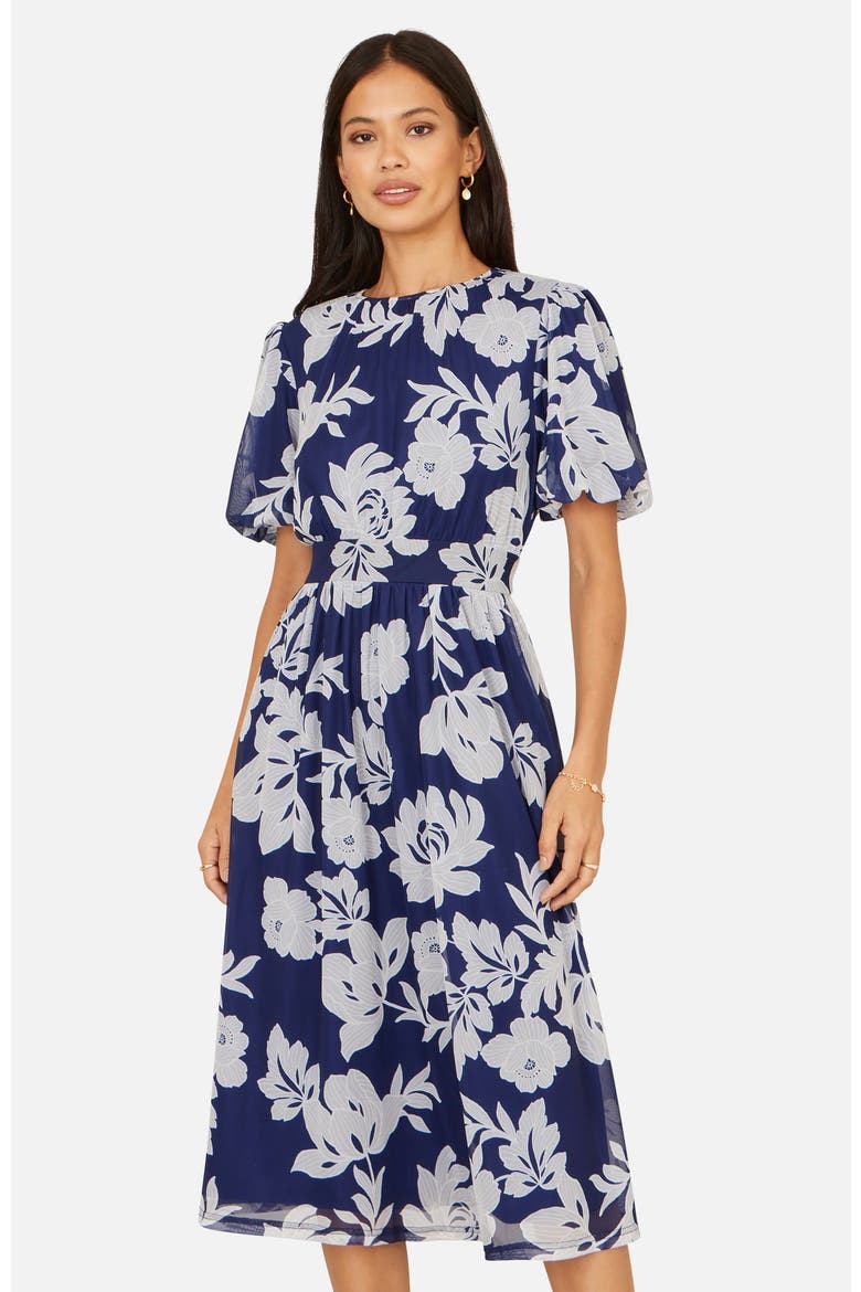 Flower Stretch Mesh Midi Dress, Main, color, Navy