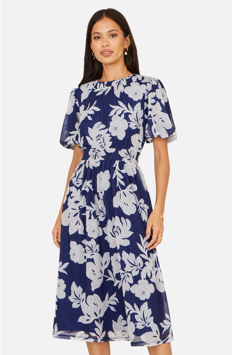 Yumi Flower Stretch Mesh Midi Dress, Main, color, Navy