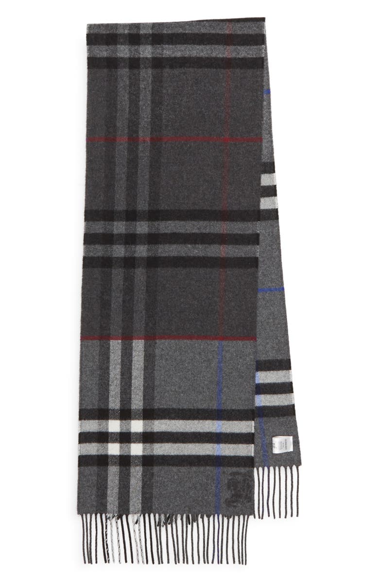 Burberry EKD Check Reversible Double Face Cashmere Fringe Scarf, Main, color, Marlborough/ Charcoal