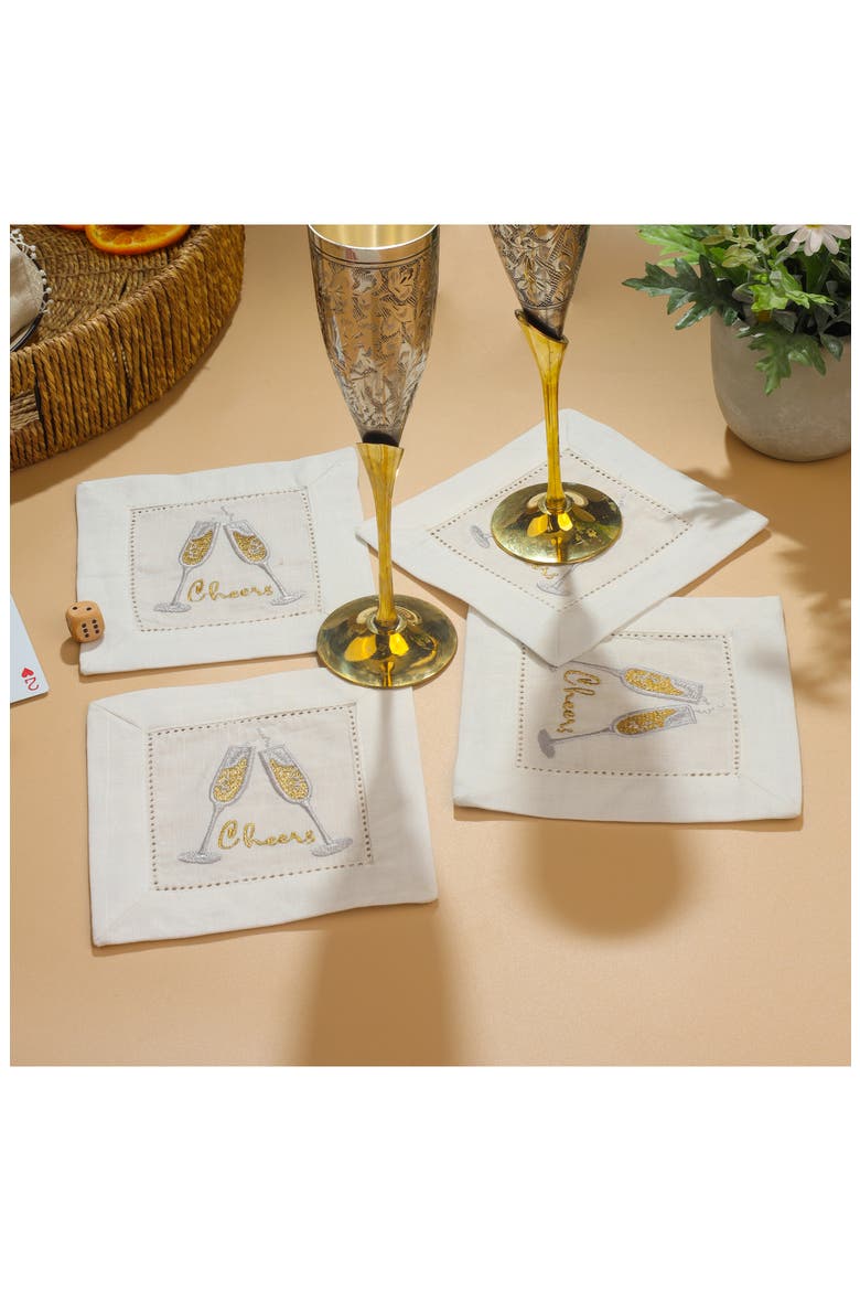 Fizz & Flutes Embroidered Linen Cocktail Napkins, Alternate, color, GOLD/ SILVER