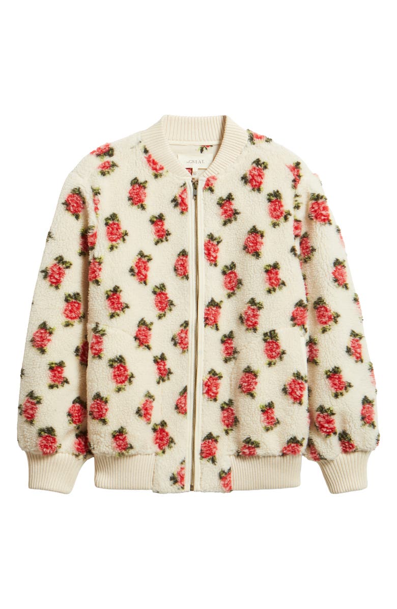 THE GREAT. Floral Zip Front High Pile Fleece Bomber Jacket, Alternate, color, Cream Rose