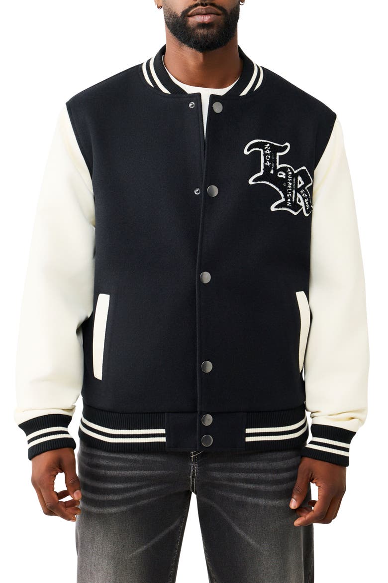 Property Of None Varsity Jacket, Main, color, JET BLACK/ WINTER WHITE
