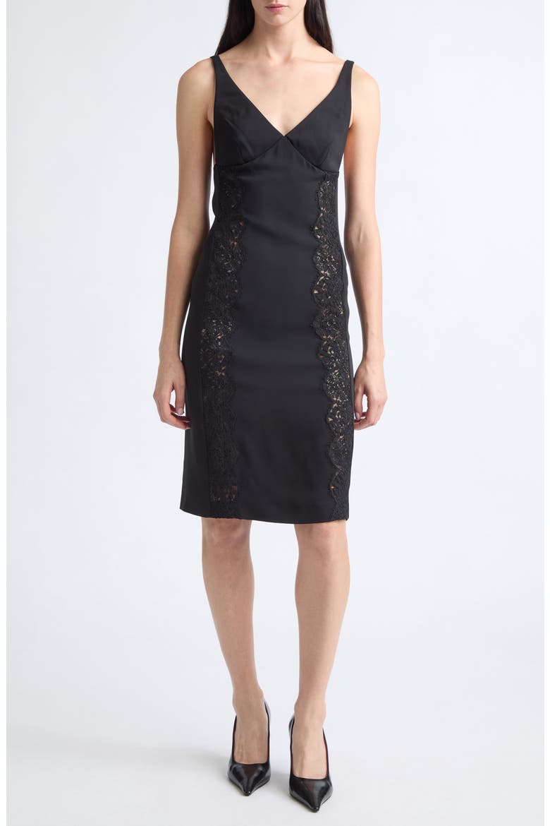 Lace Trim Stretch Cady Cocktail Dress, Main, color, BLACK