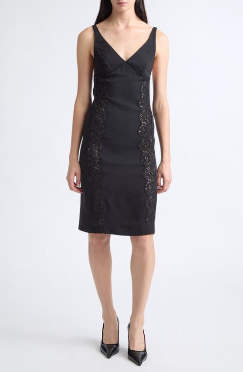 Lace Trim Stretch Cady Cocktail Dress
