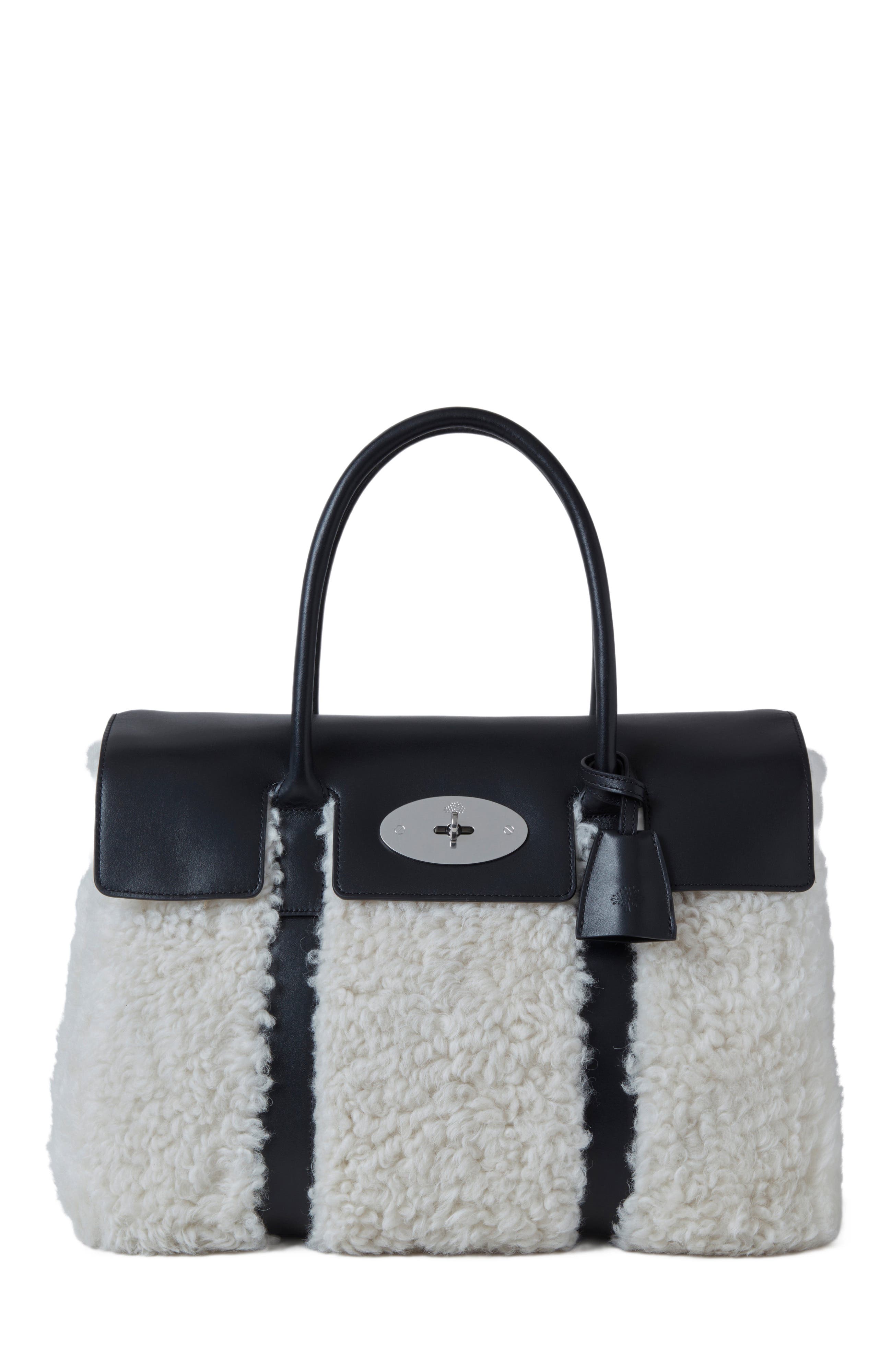Mulberry Bayswater Leather Shearling Satchel, Main, color, 