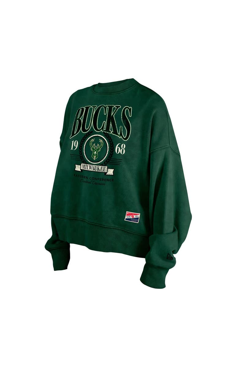 New Era Women's New Era  Hunter Green Milwaukee Bucks Hardwood Classics Enzyme Wash Oversized Boxy Pullover Sweatshirt, Alternate, color, Hunter Green