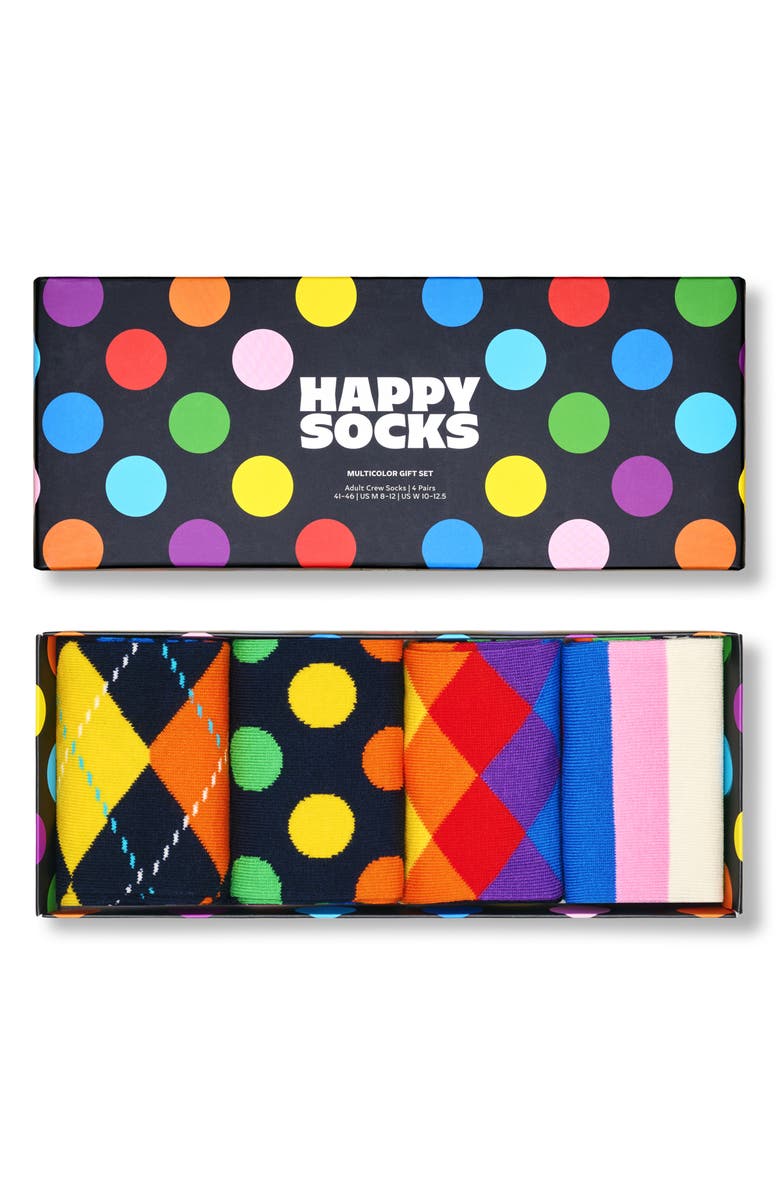 Happy Socks Assorted 4-Pack Cotton Blend Crew Socks Gift Box, Alternate, color, Black