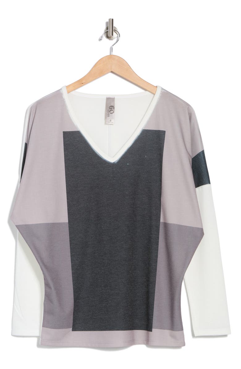 GO COUTURE V-Neck Dolman Sleeve Sweater, Alternate, color, Ivory Black Over Blocks Print