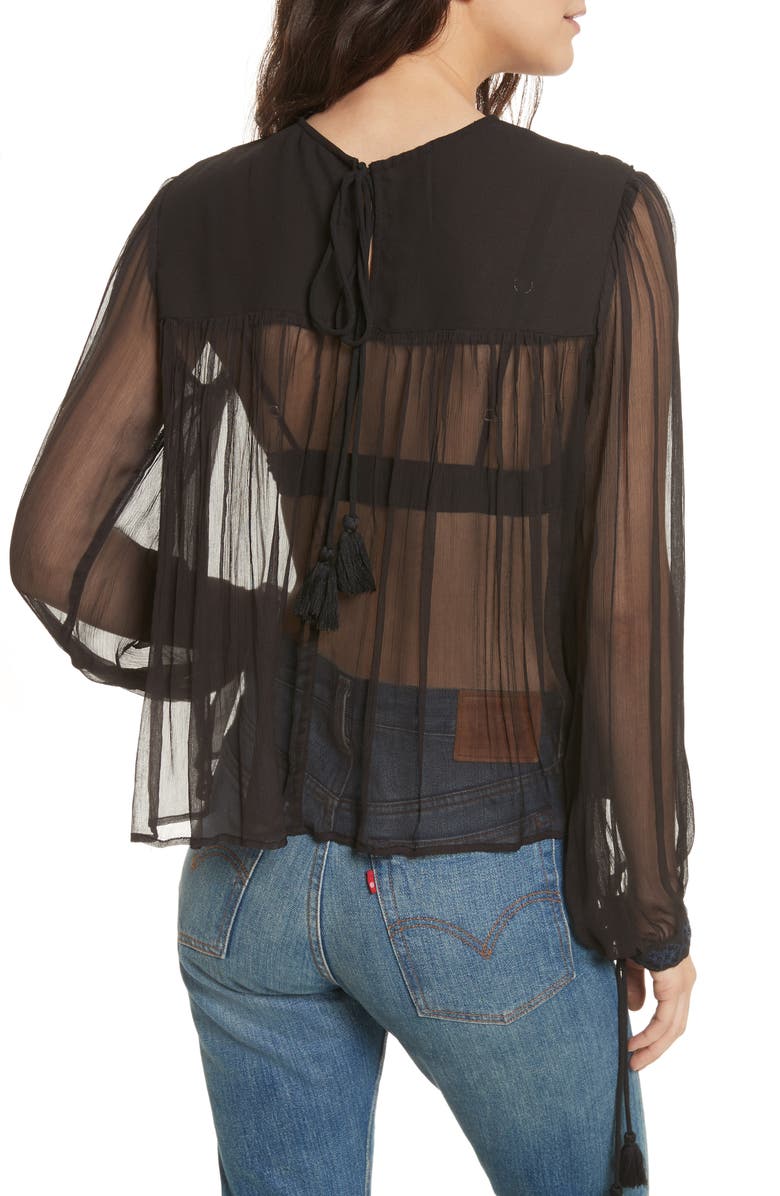 Free People Retro Sheer Blouse, Alternate, color, Black