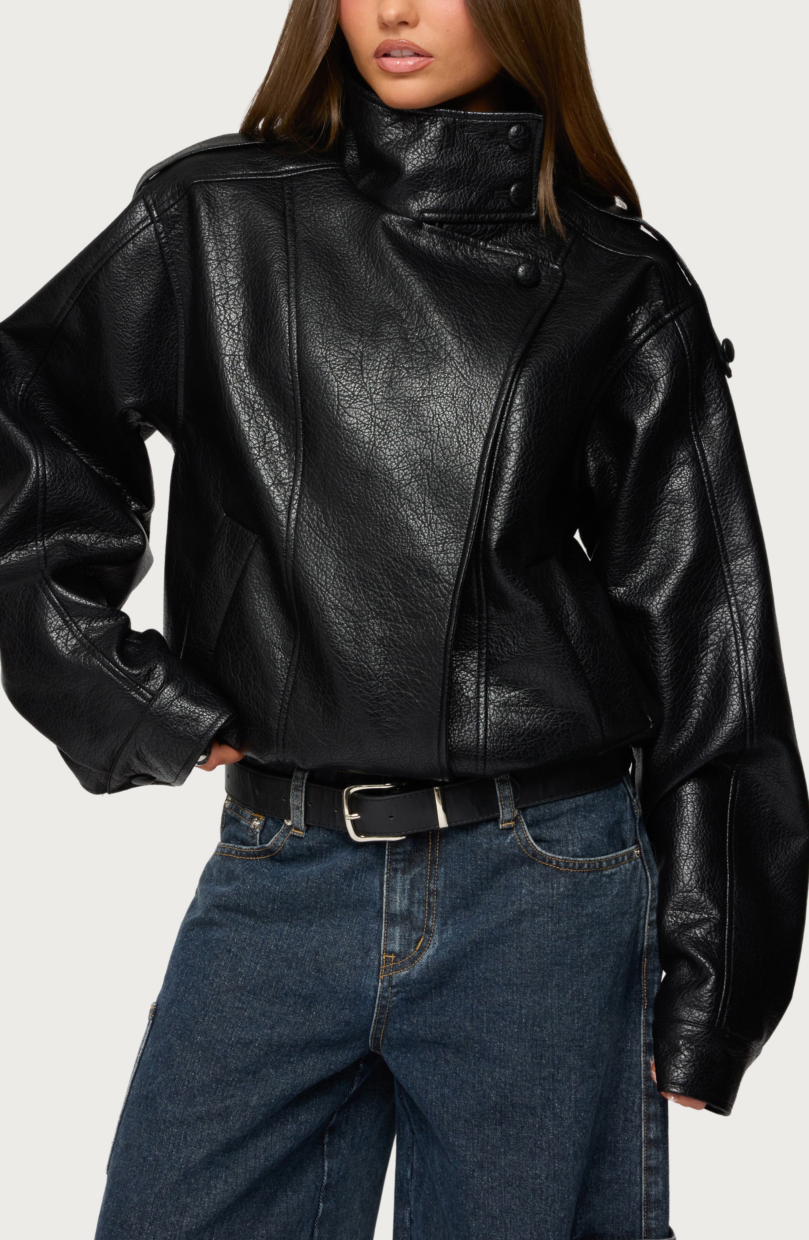 Jaicee Stand Collar Faux Leather Jacket