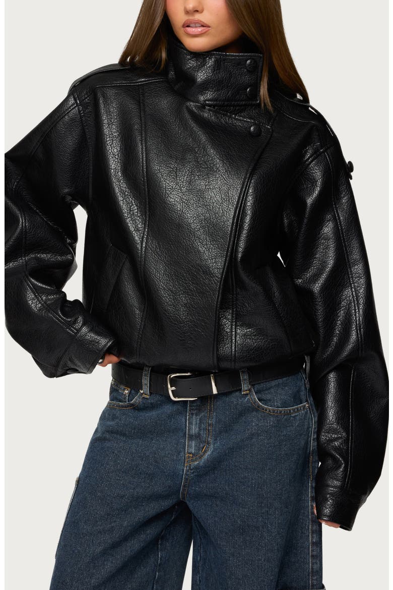 Jaicee Stand Collar Faux Leather Jacket, Main, color, BLACK