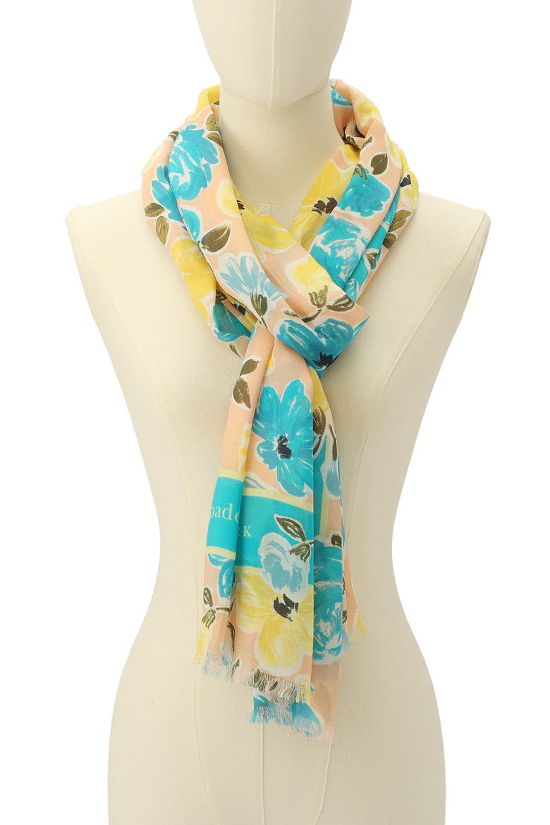spring roses oblong cotton & silk blend scarf, Alternate, color, CORAL MULTI