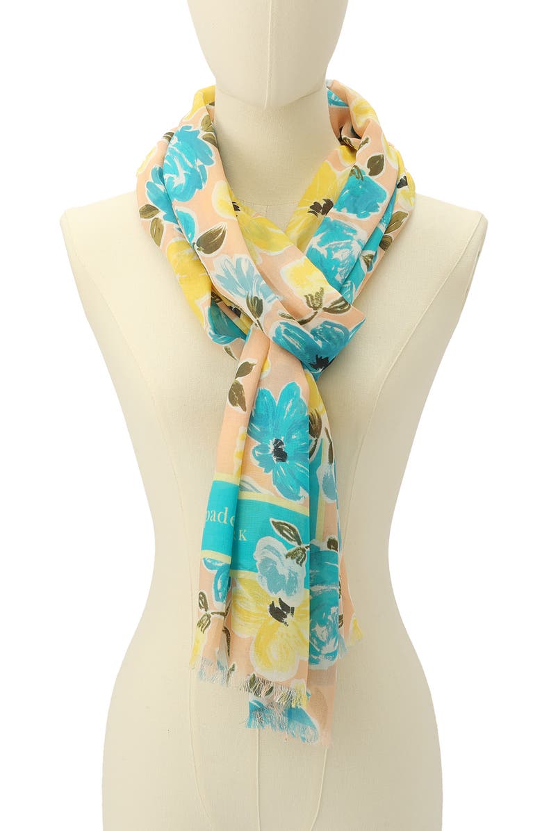 Kate Spade New York spring roses oblong cotton & silk blend scarf, Alternate, color, Coral Multi