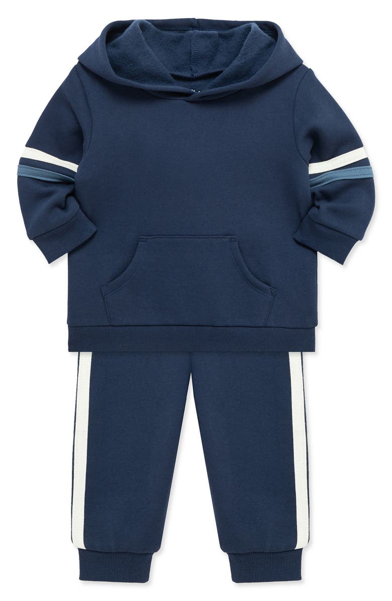 Little Me Stripe Sleeve Pullover Hoodie & Pants Set, Alternate, color, Navy