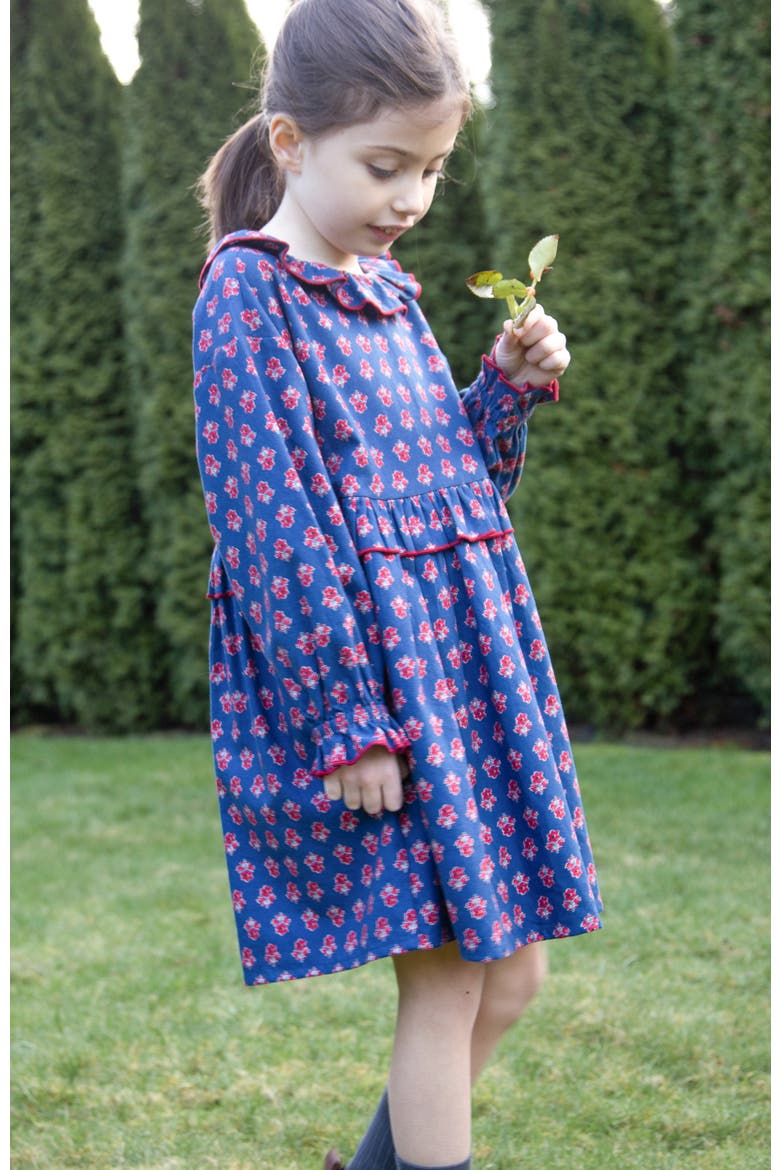 Girls' Ruffle Collar Dress in Long Sleeves | Red and Navy, Alternate, color, Blue