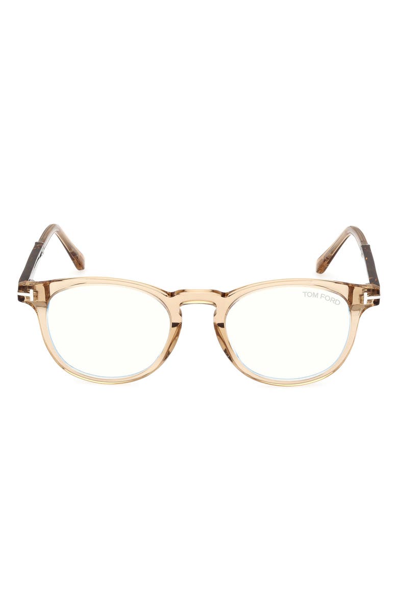 TOM FORD 49mm Round Blue Light Blocking Optical Glasses, Main, color, Beige / Palladium / T Logo