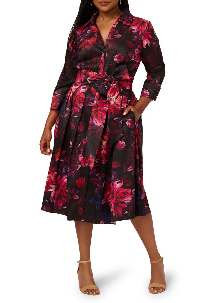 Print Long Sleeve Taffeta Shirtdress, Main, color, BLACK MULTI