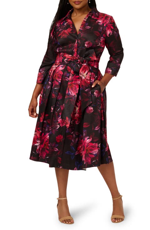 Print Long Sleeve Taffeta Shirtdress (Plus)