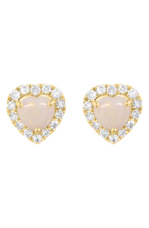 Opal Heart & Diamond Halo Stud Earrings