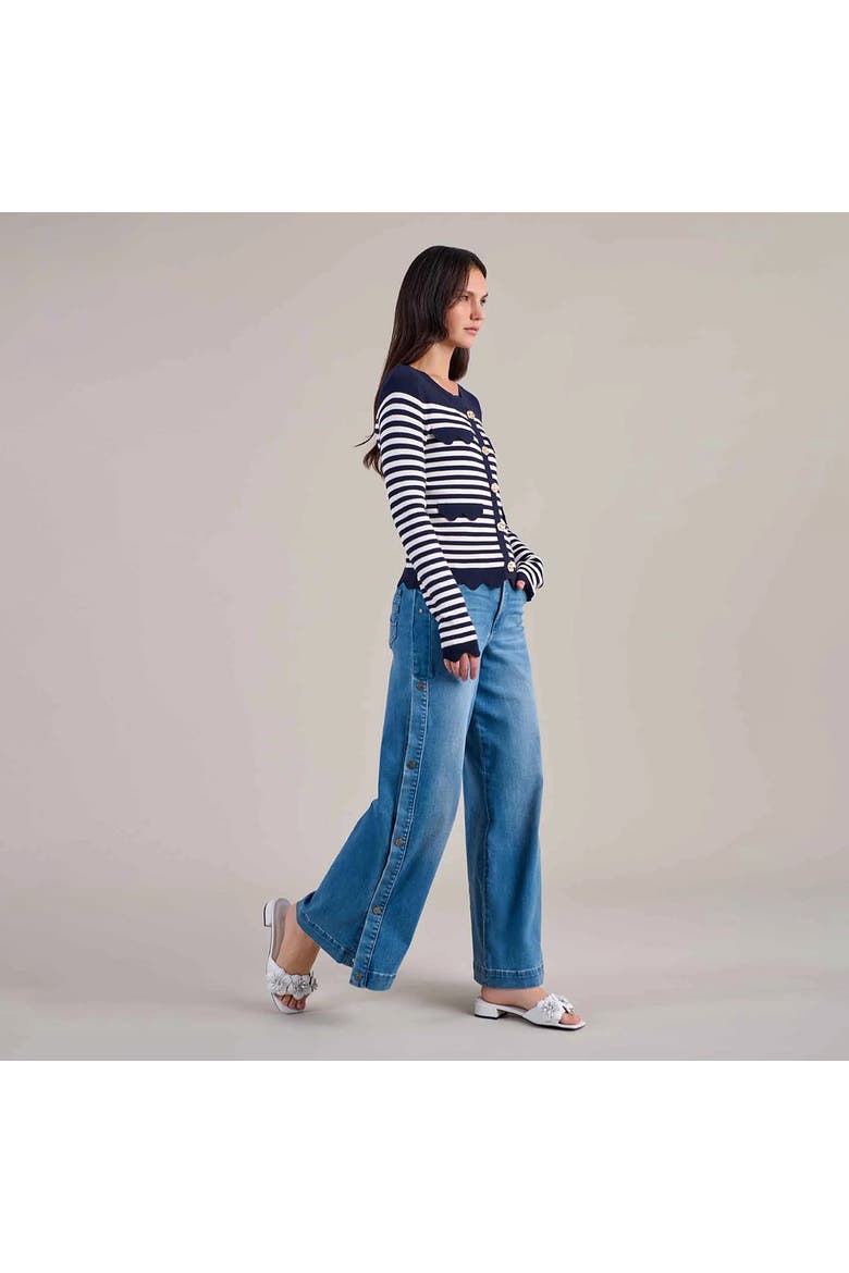 Women's  Cardigan Blue And White Striped Cardigan With Gold Flower Buttons, Alternate, color, Dark Navy
