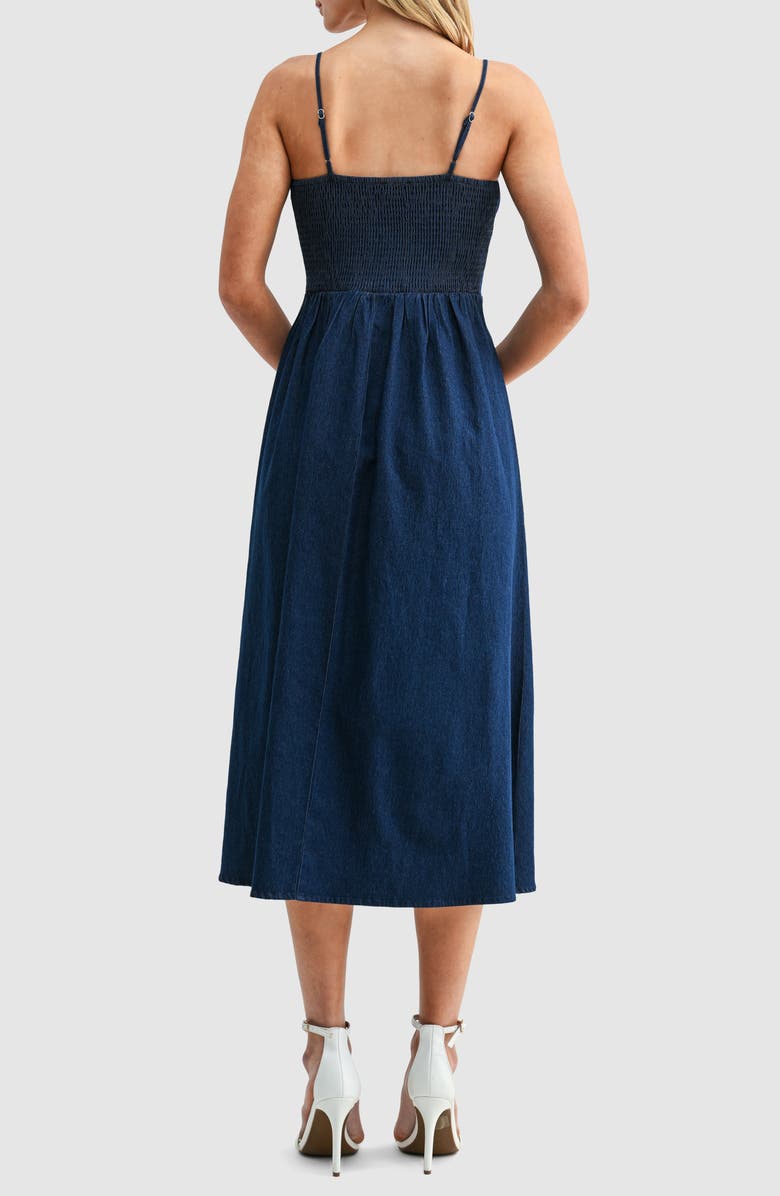 All in Favor Corset Denim Midi Sundress, Alternate, color, Dark Denim