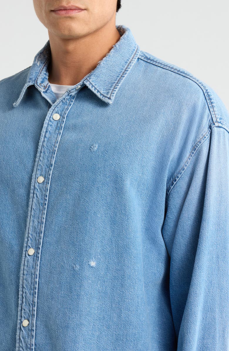 FRAME Relaxed Fit Distressed Denim Snap-Up Shirt, Alternate, color, Voltage