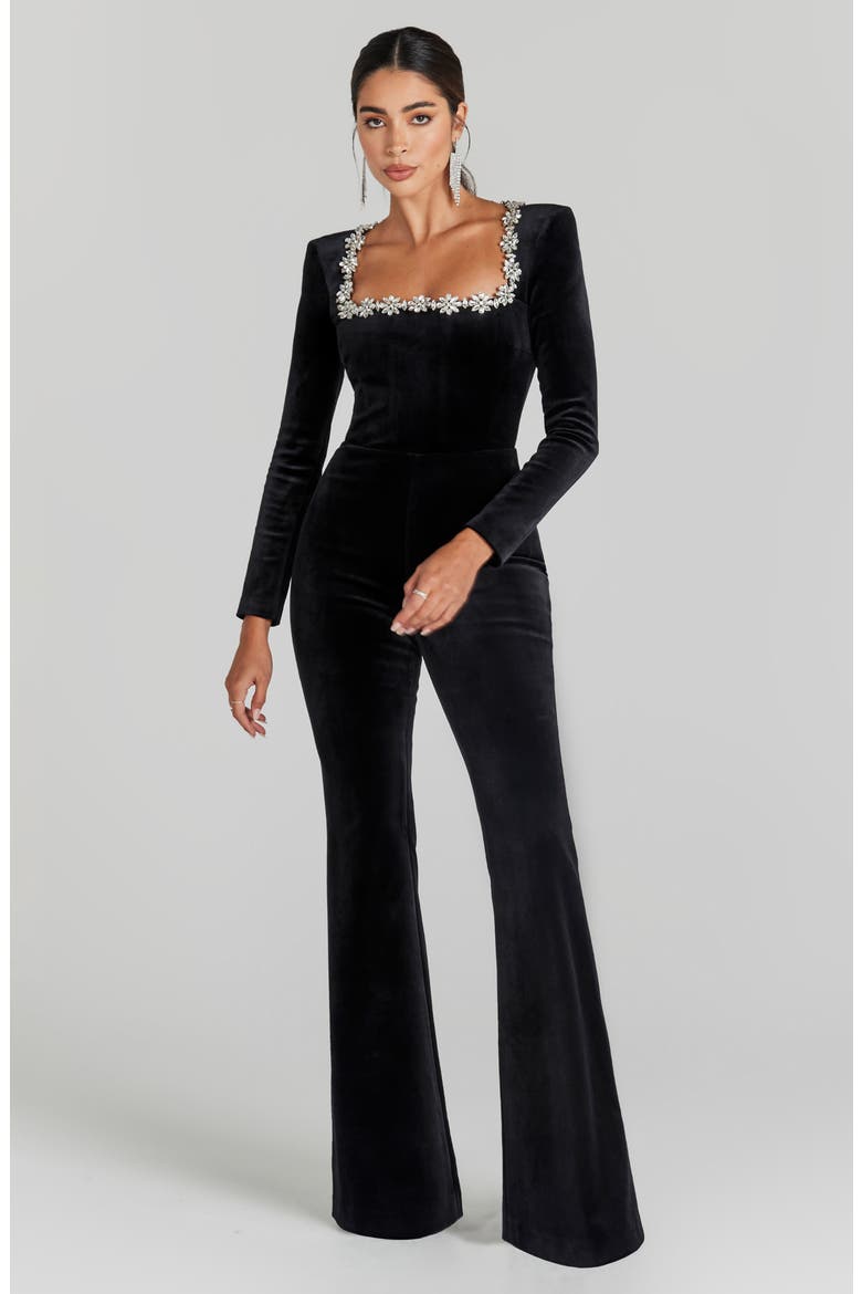 Kimberly Rhinestone Trim Velvet Jumpsuit, Alternate, color, BLACK