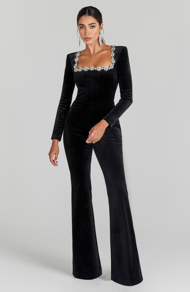 NADINE MERABI Kimberly Rhinestone Trim Velvet Jumpsuit, Alternate, color, Black