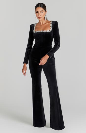 Kimberly Rhinestone Trim Velvet Jumpsuit