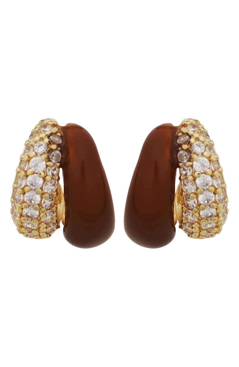 Panacea Pavé Cubic Zirconia & Enamel Double Huggie Hoop Earrings, Main, color, Brown