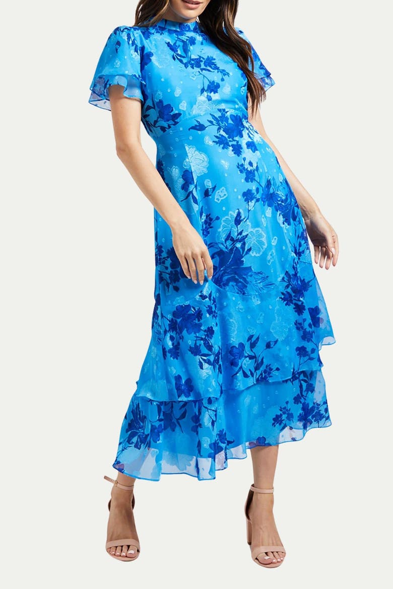 Floral Burn Out Ruffle Midi Dress, Alternate, color, Blue