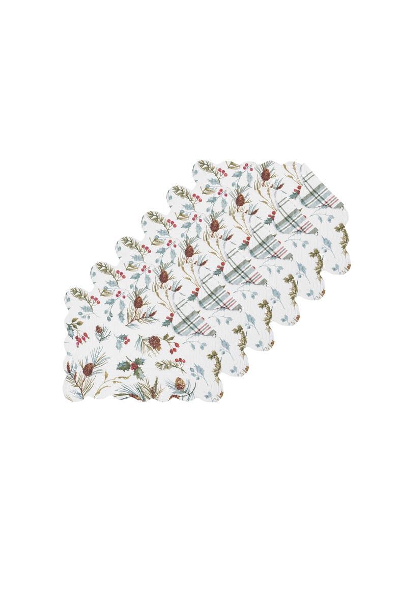 Edith Quilted Reversible Holly Botanical Placemats Set of 6, 13" x 19", Alternate, color, White