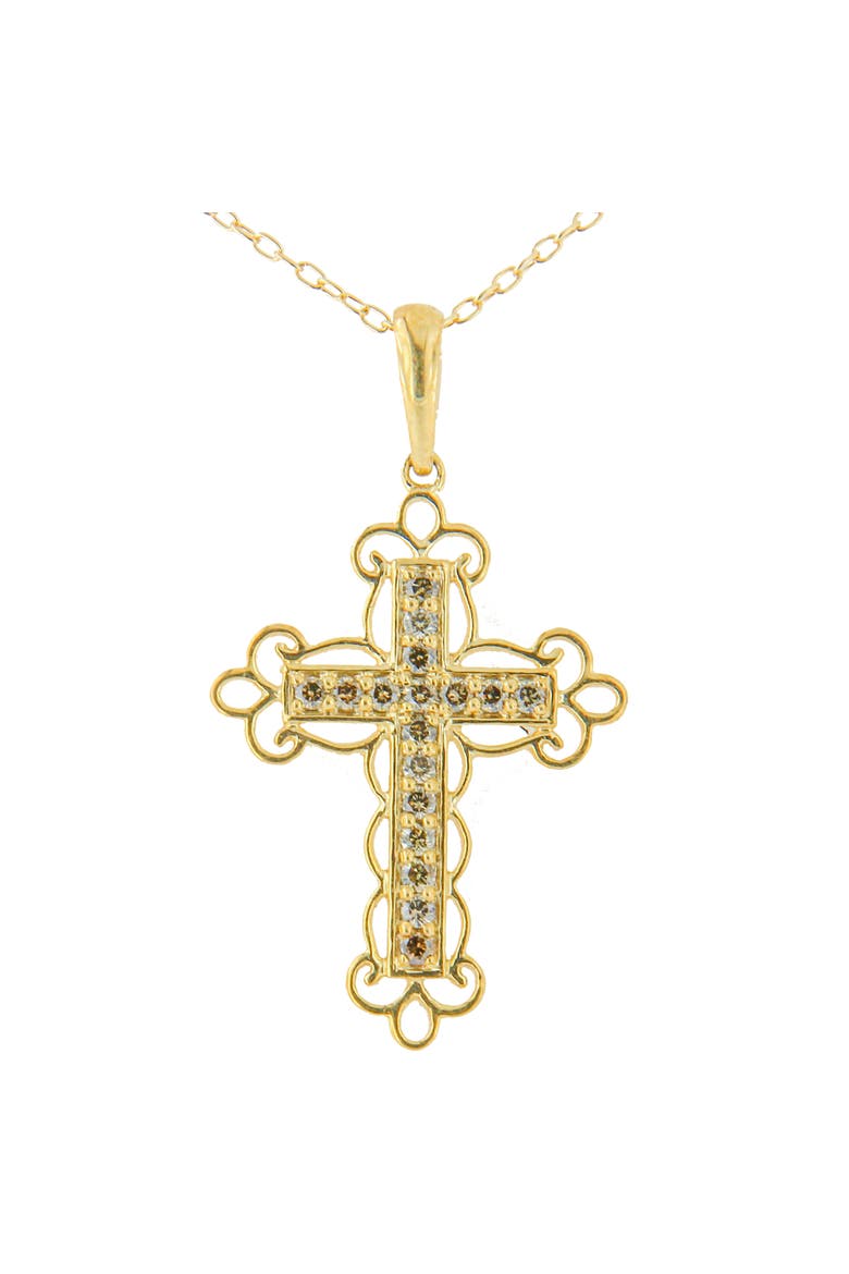 10K Yellow Flashed Silver 1/4 Cttw Champagne Diamond Filigree Cross Pendant Necklace, Main, color, Yellow