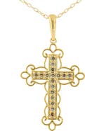 Haus of Brilliance 10K Yellow Flashed Silver 1/4 Cttw Champagne Diamond Filigree Cross Pendant Necklace