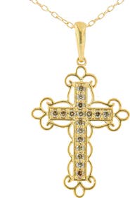 Haus of Brilliance 10K Yellow Flashed Silver 1/4 Cttw Champagne Diamond Filigree Cross Pendant Necklace