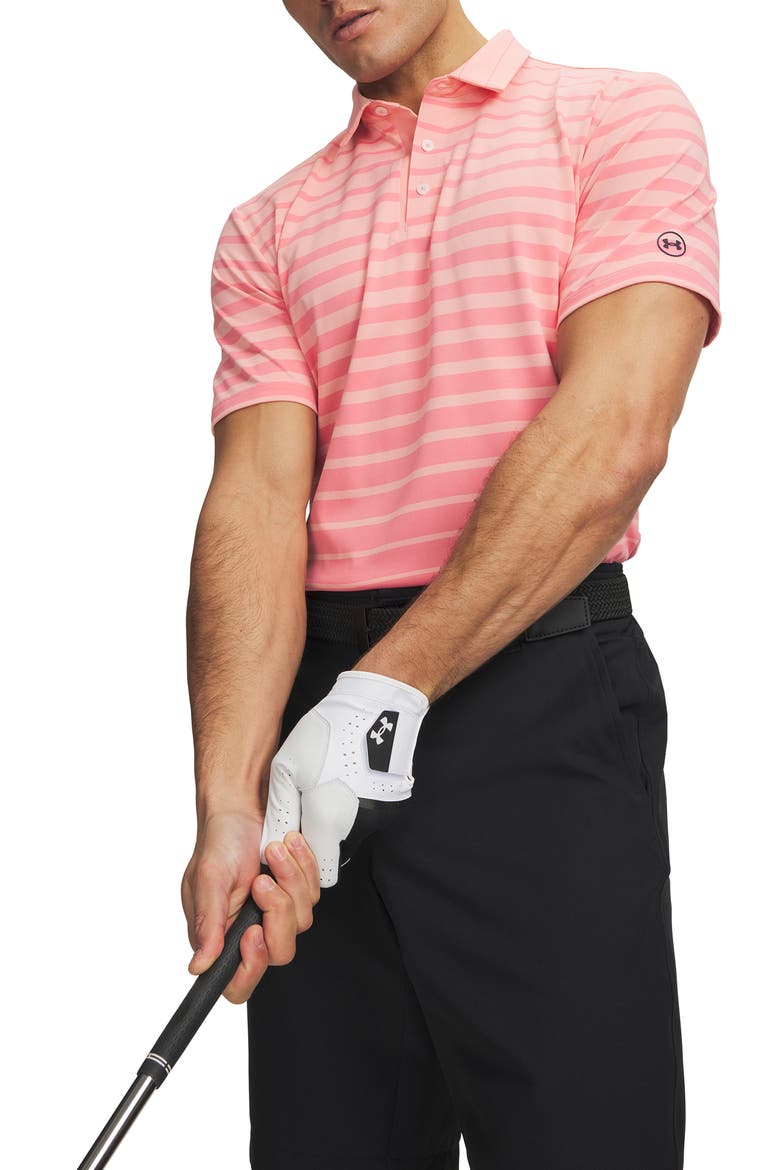 UA ArmourDry Stripe Performance Golf Polo, Main, color, POSH PINK