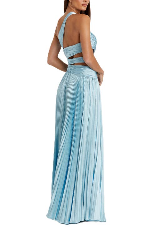Mac Duggal One Shoulder Pleated Charmeuse Gown With Slit In Powder Blue