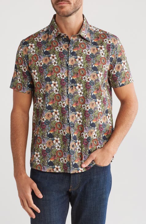 Jungle Print Short Sleeve Trim Fit Button-Up Shirt