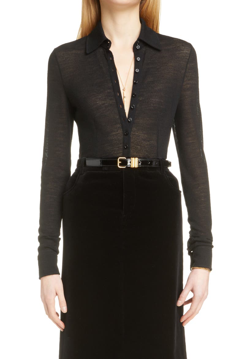 Fitted Wool Jersey Button-Up Shirt, Main, color, NOIR