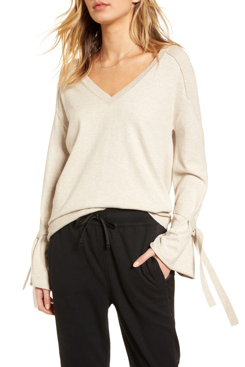 Tie Bell Sleeve Top, Main, color, BEIGE OATMEAL MEDIUM HEATHER