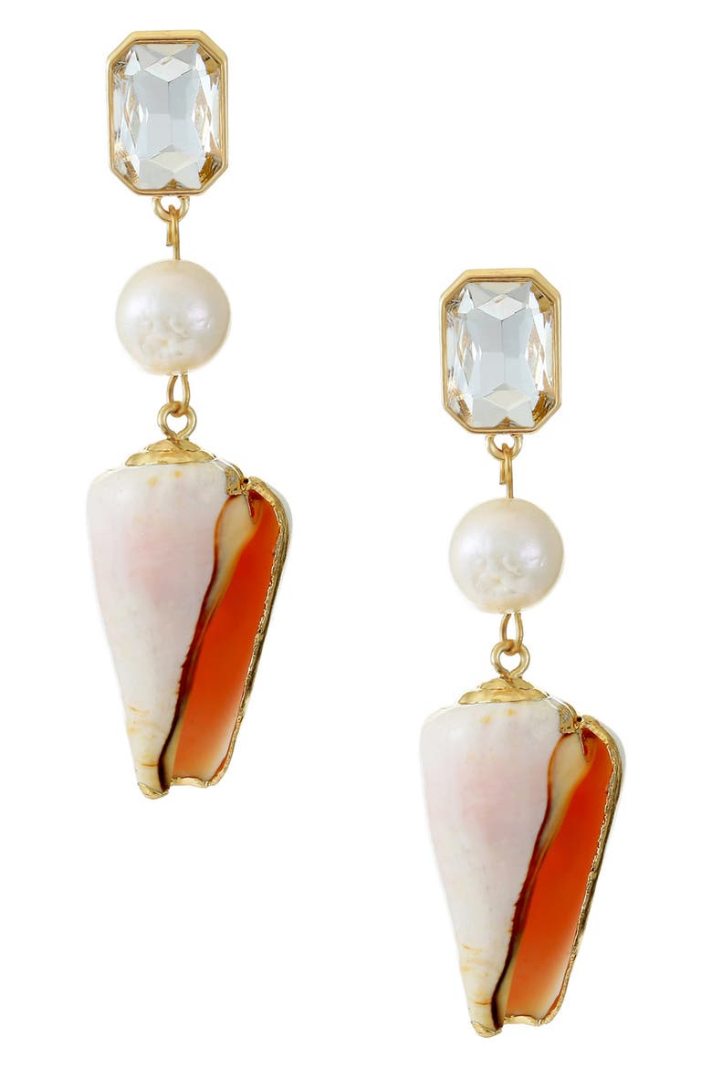 Shell & Freshwater Pearl Drop Earrings, Main, color, GOLD